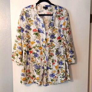 Jones New York Linen  Floral Print Babydoll Blouse Size 1x